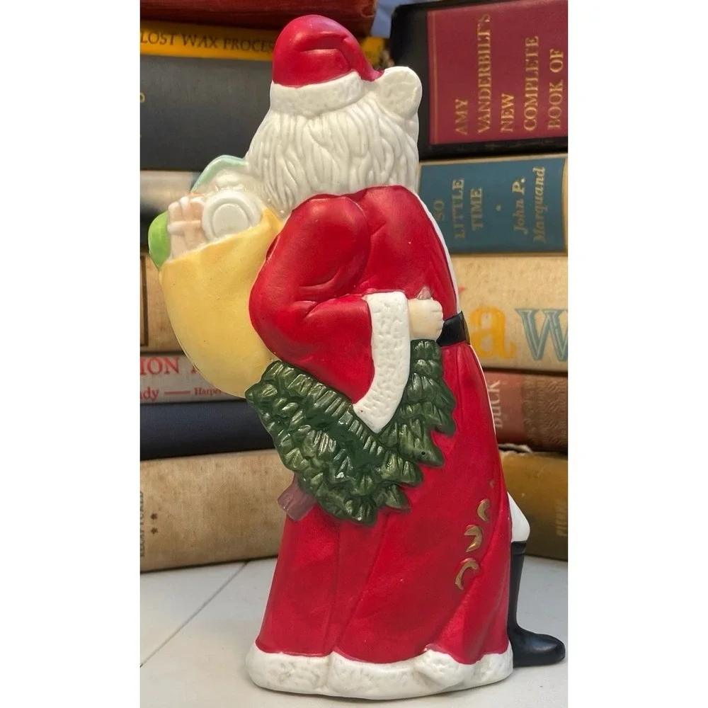 Vintage Ceramic Santa Figurine‎ Red Coat Toy Sack Christmas Decor
